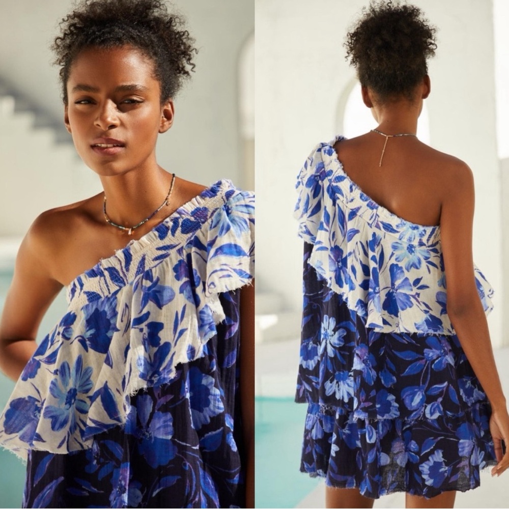 Anthropologie Blue and White One Shoulder Dress